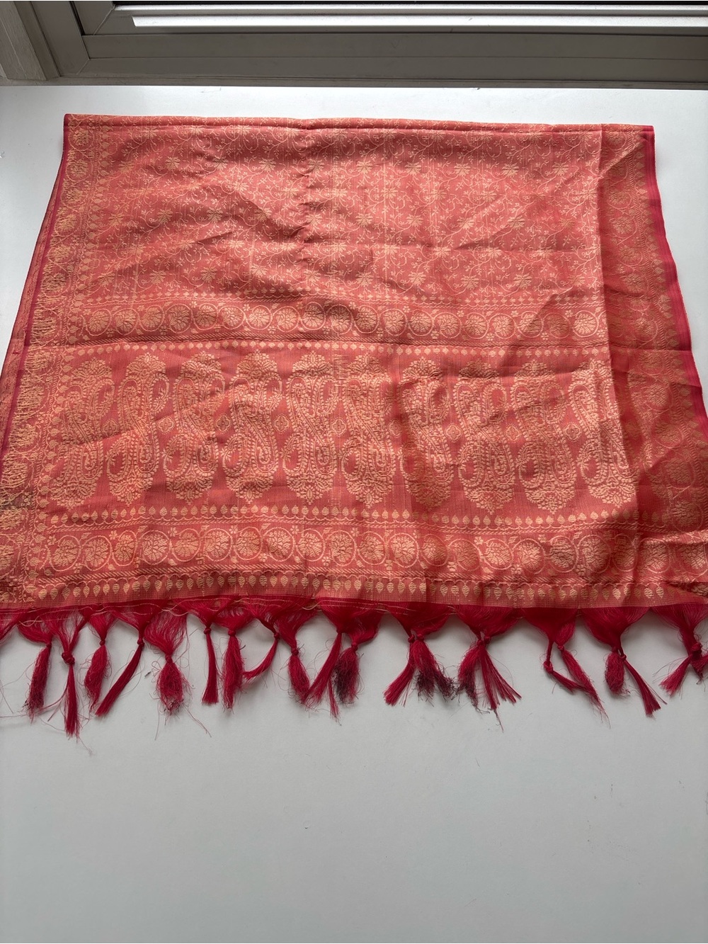 Silk Red and Gold Paisley Pattern Scarf with Tassels